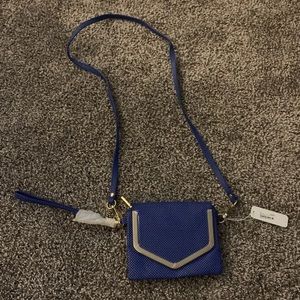NWT! Blue Crossbody Bag with Gold Polka Dots